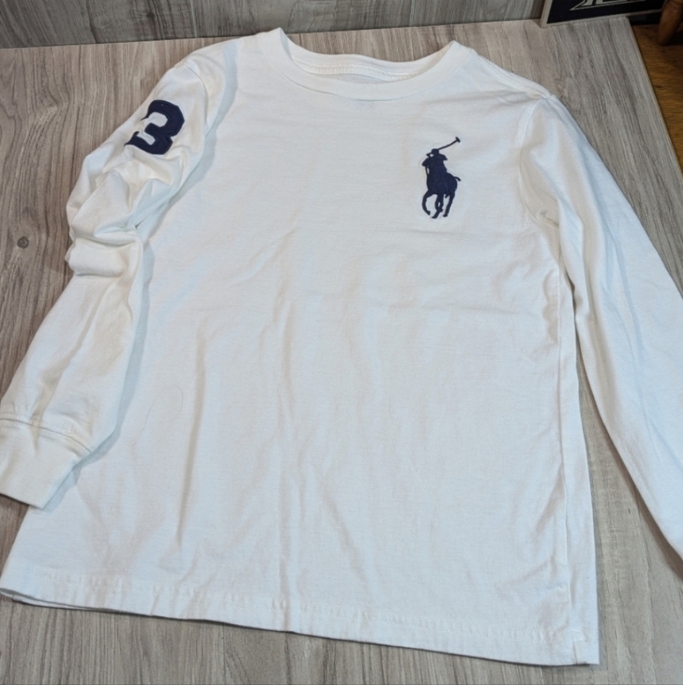 Boys Polo Ralph Lauren T Shirt Size 7 BIG PONY Crew White/Navy Long Sleeve